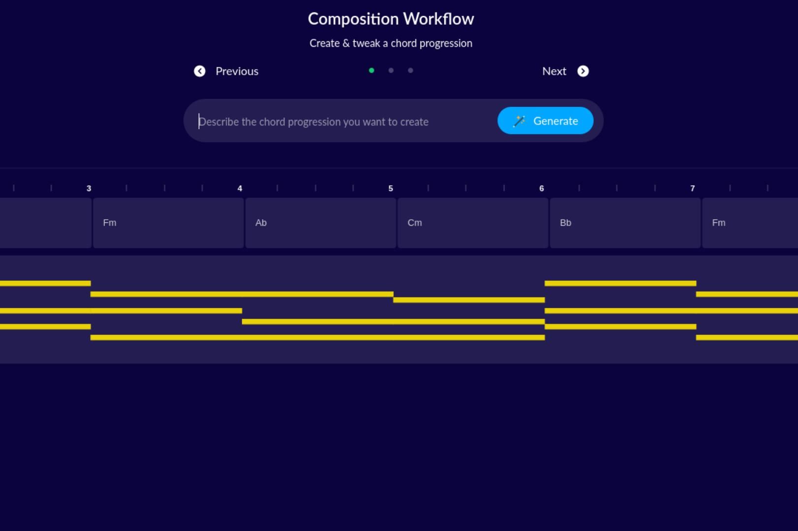 The AVIA chord progression area of the music creation ai tool.