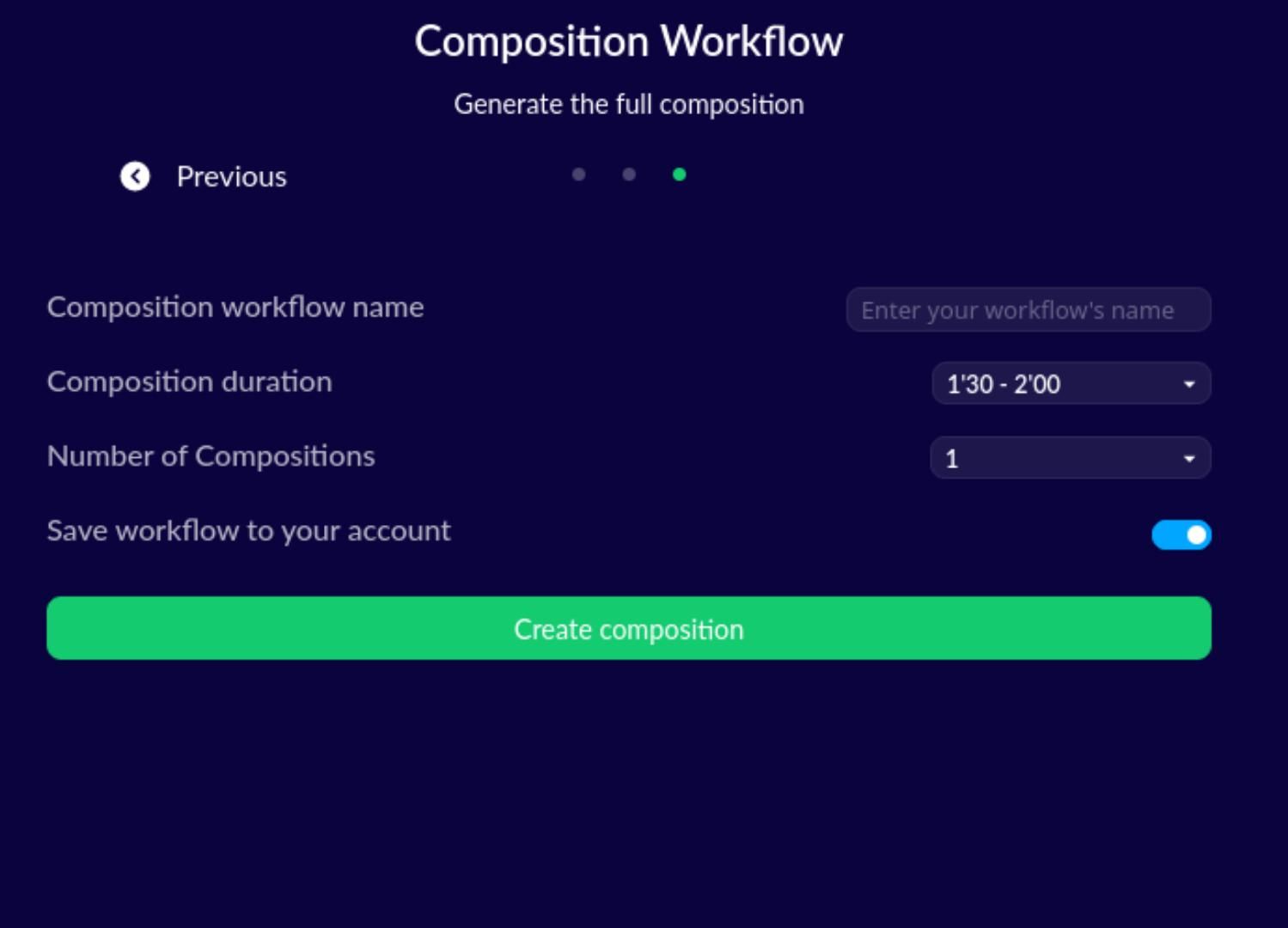 The AVIA composition finalization page.