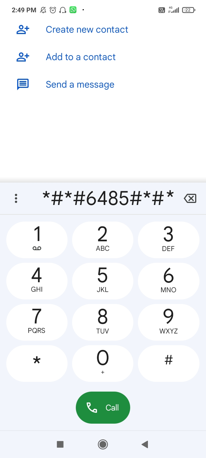 Secret code for checking battery health entered in the Android phone dialler app.