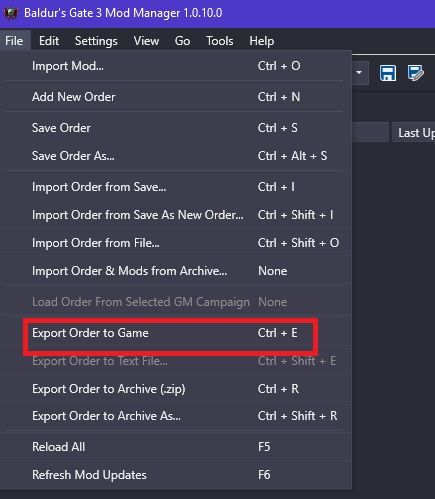 BG3 export mod order menu.