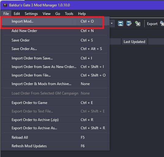 BG3 mod importing menu option.