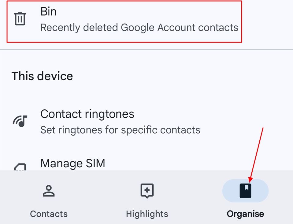 Bin option in the Contacts app.