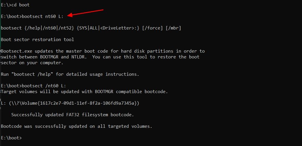 bootsect command in Command Prompt.