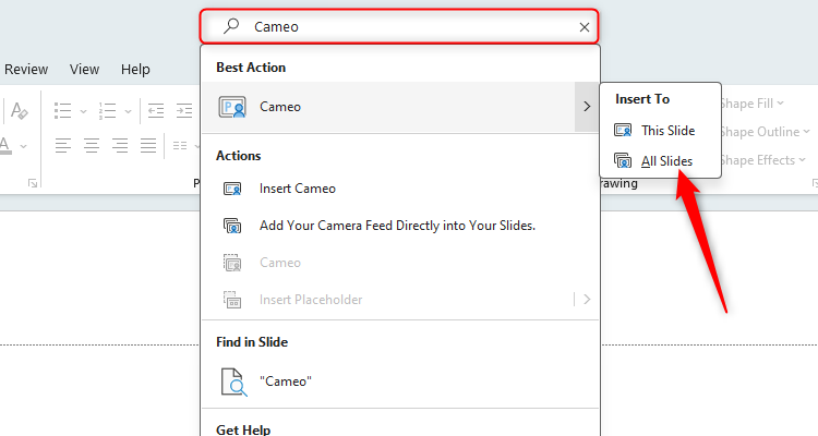 Microsoft PowerPoint open with Cameo typed into the search box and 'All Slides' highlighted in the options that appear.