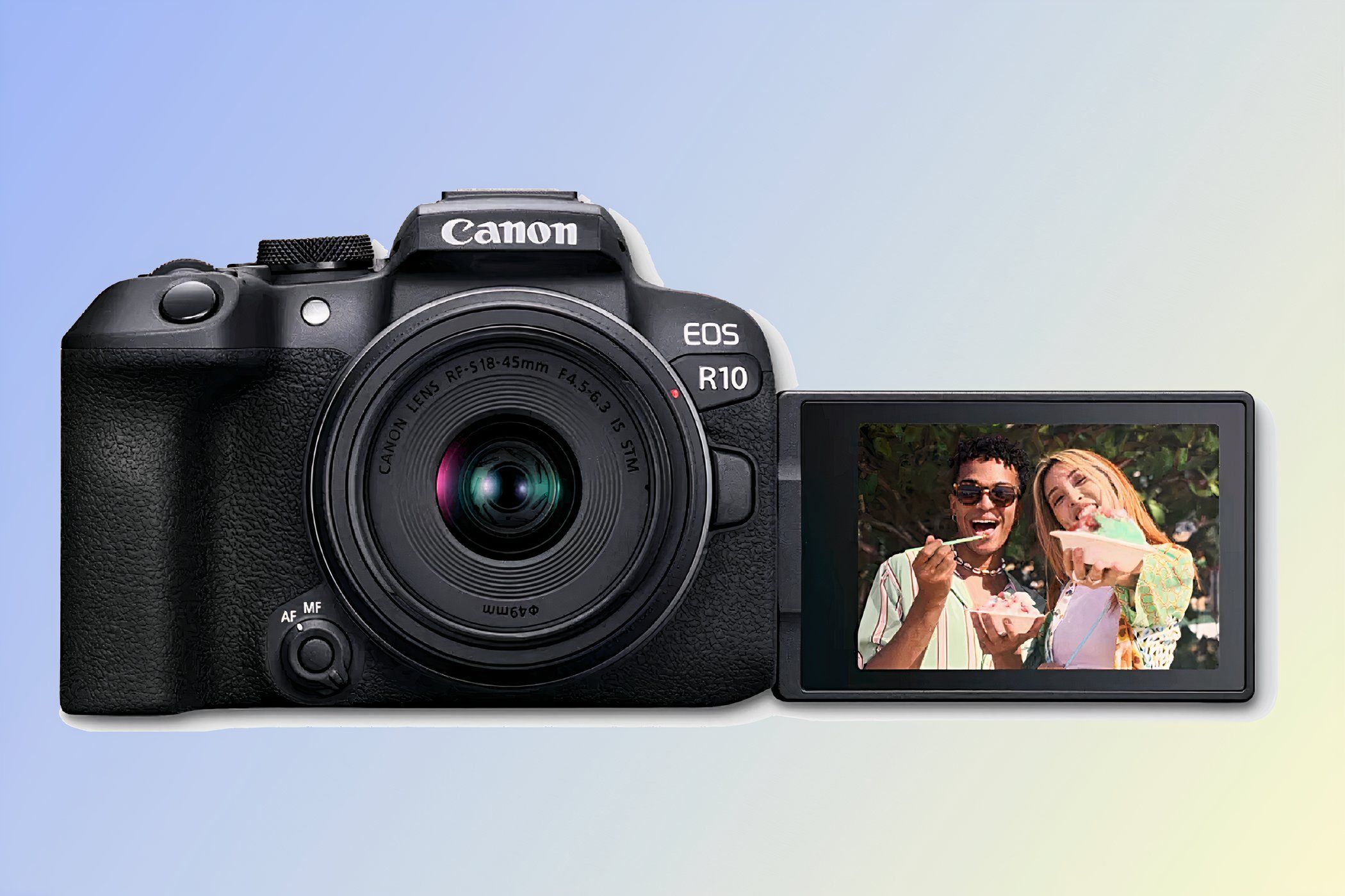 The front of a Canon EOS R10 with LCD flipped out to the side.