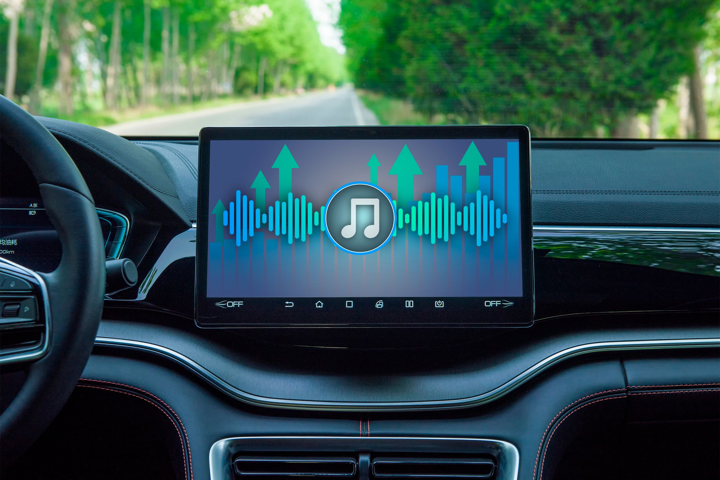 Car multimedia monitor screen with sound waves.