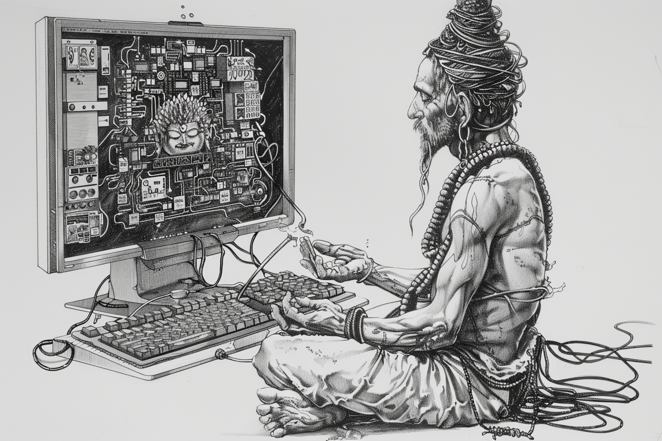 Cartoon of a guru meditating in front of a computer