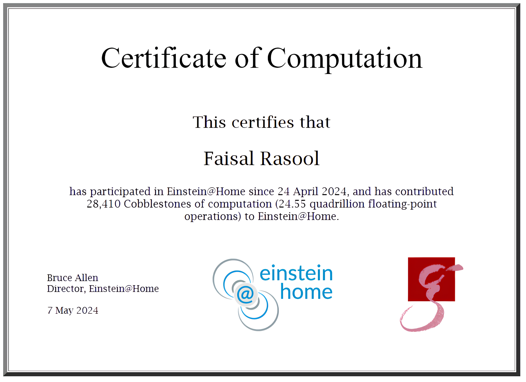 My BOINC computation certificate.