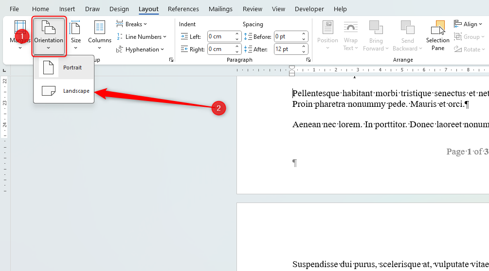 A Word document with the Orientation drop-down showing, and the Landscape option highlighted.