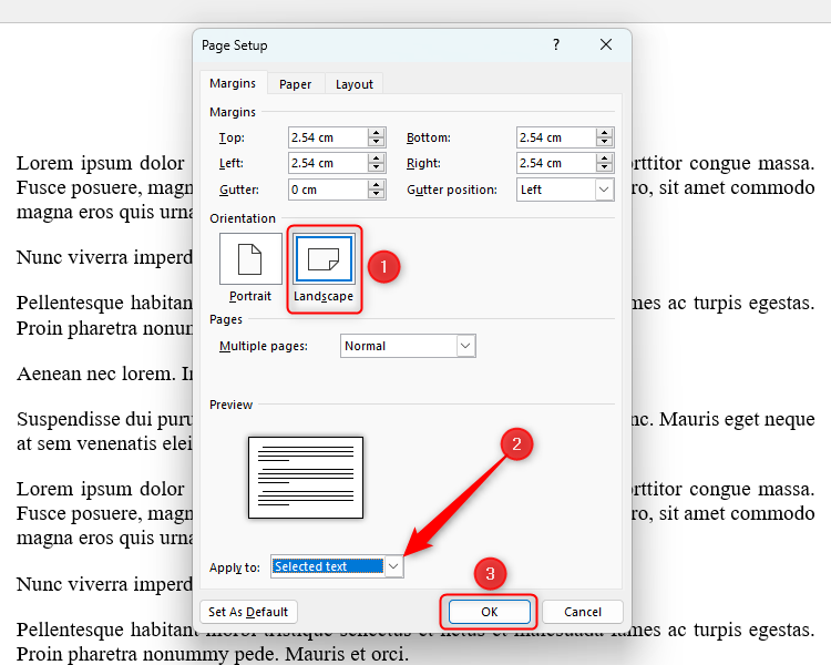 A Word document with the Page Setup dialog box open. The Orientation is set to Landscape, and the Apply To drop-down box is set to "Selected Text." The OK button is then highlighted.