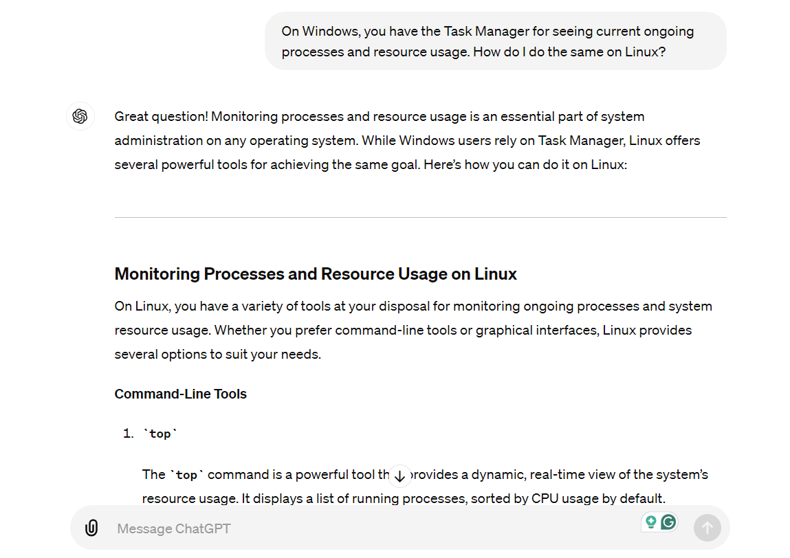 ChatGPT giving Linux alternatives of Windows Task Manager