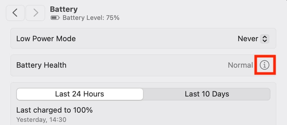 Opening Battery Health details in the Settings app on a MacBook.
