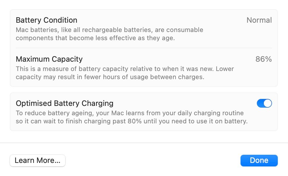 Battery Condition and Maximum Capacity information on MacBook's Battery settings page.