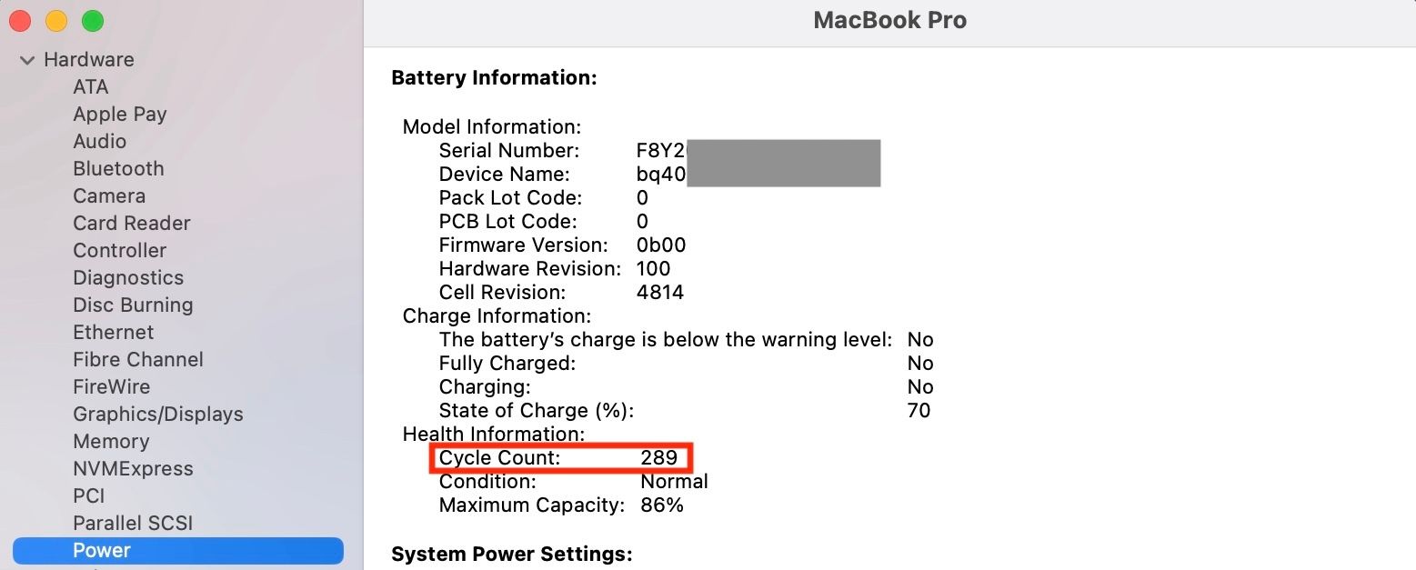 Cycle Count on MacBook's System Information page.