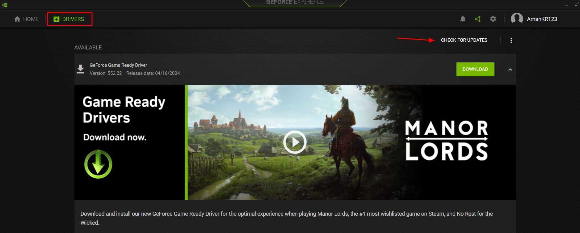 Check for Updates option in the GeForce Experience app.