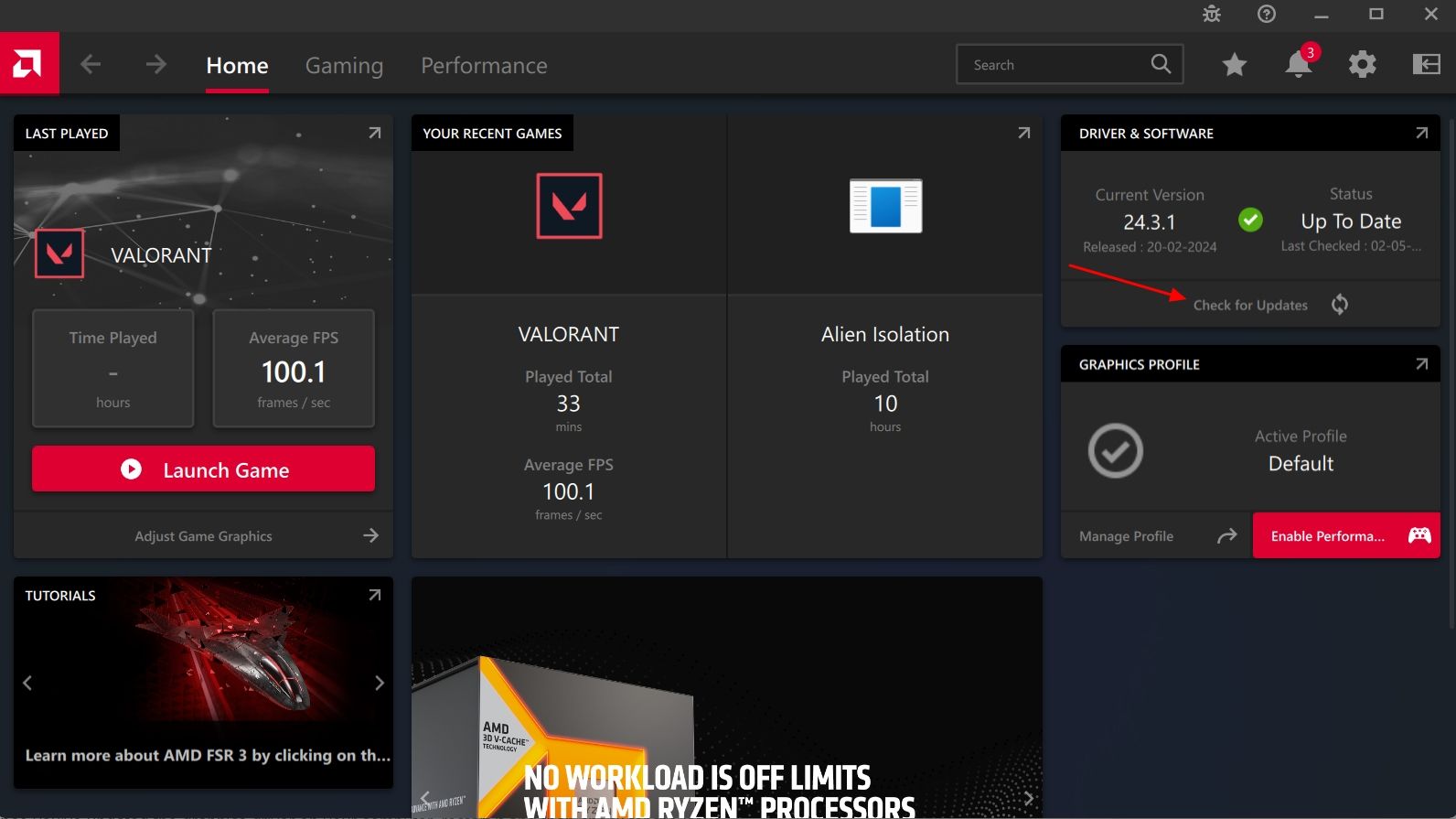 Check for Updates option on the AMD Software Adrenaline Edition app.