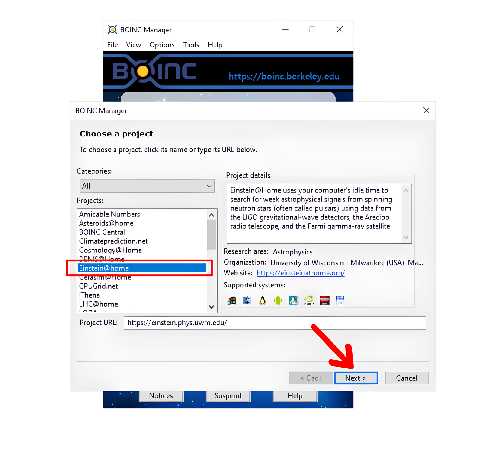 Adding Einstein@Home in the BOINC project list.