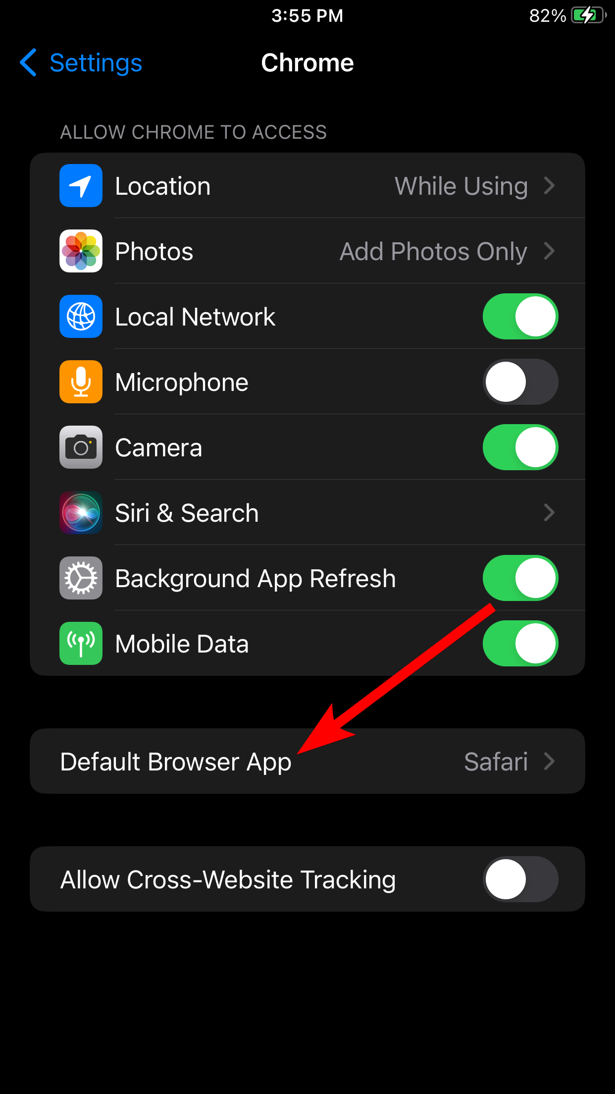 The Chrome settings page in the Settings app on iPhone.