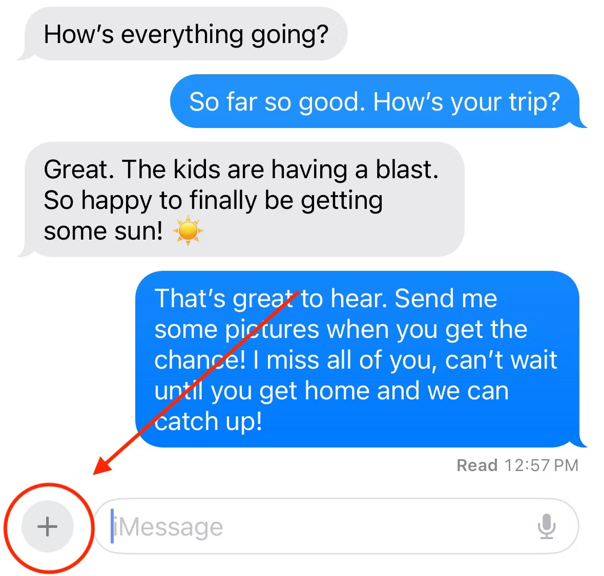 Circled plus icon in iMessage conversation.