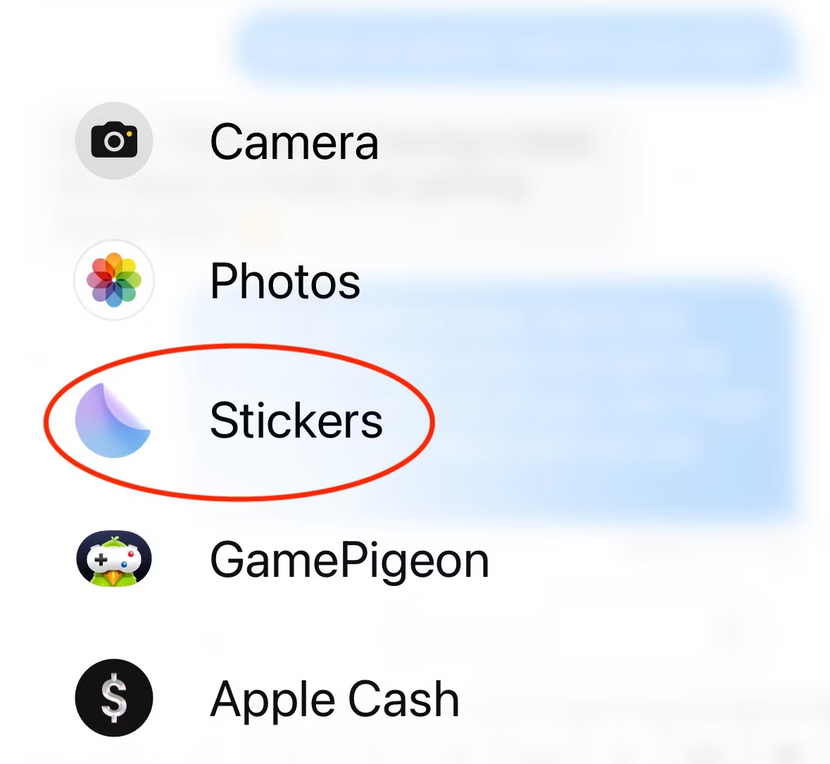 Circled 'Stickers' button in iMessage addition menu.