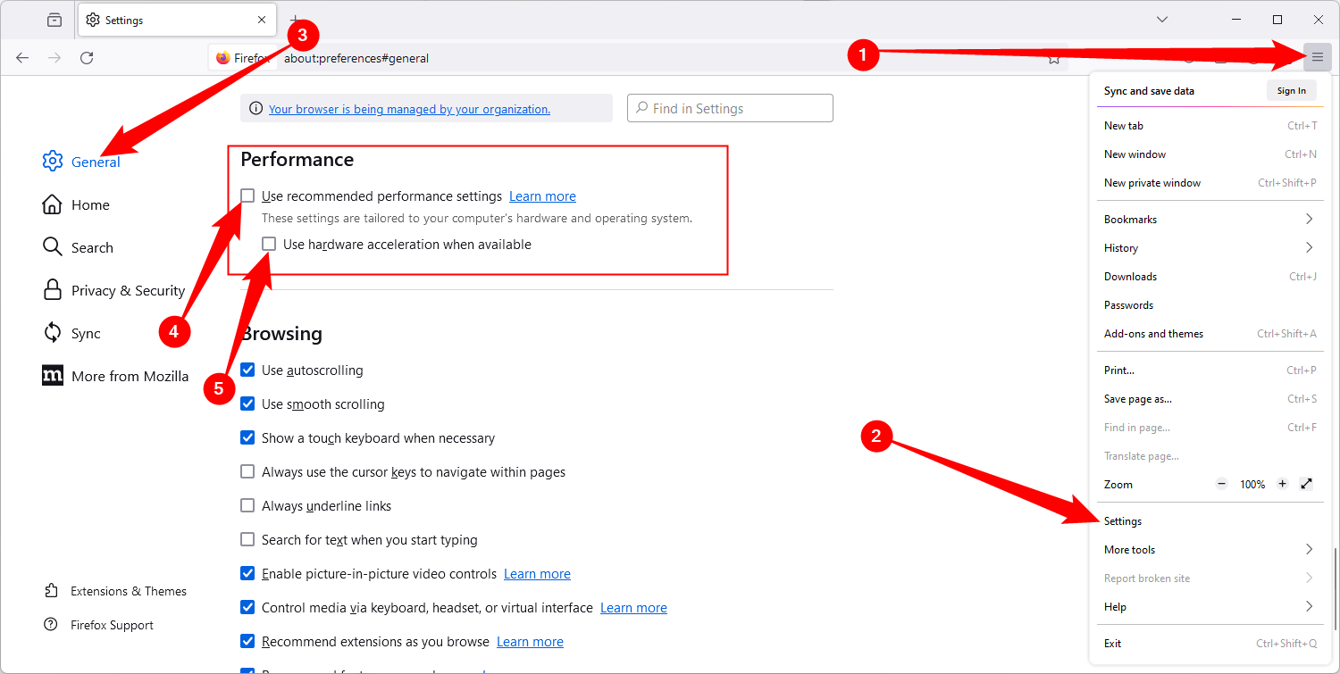 Click the hamburger menu icon, click 'Settings,' then go to the Performance section and make sure 'Use Recommended Performance Settings' and 'Use Hardware Acceleration' are disabled.