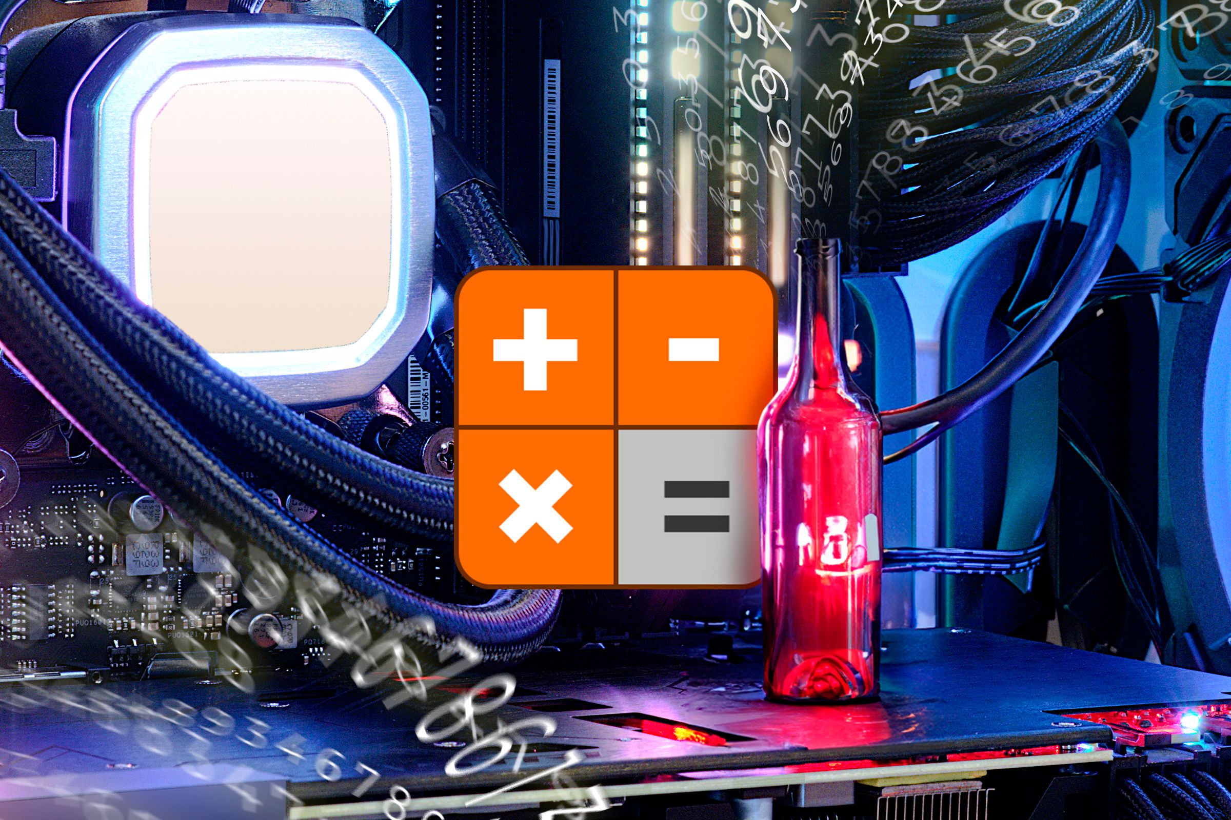 Close-up and inside of a Desktop PC with a bottle and a calculator icon.