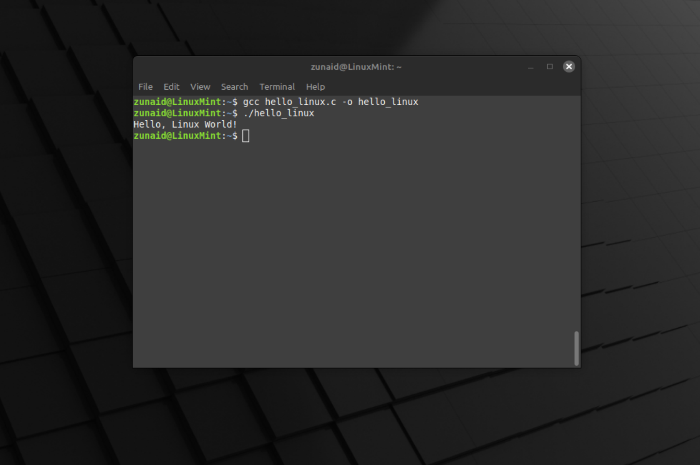 An example of compiling a C program using the Linux terminal