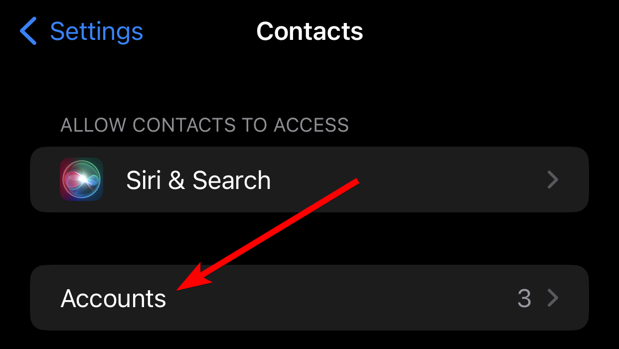 The "Accounts" option in the Contact app's settings on iPhone.