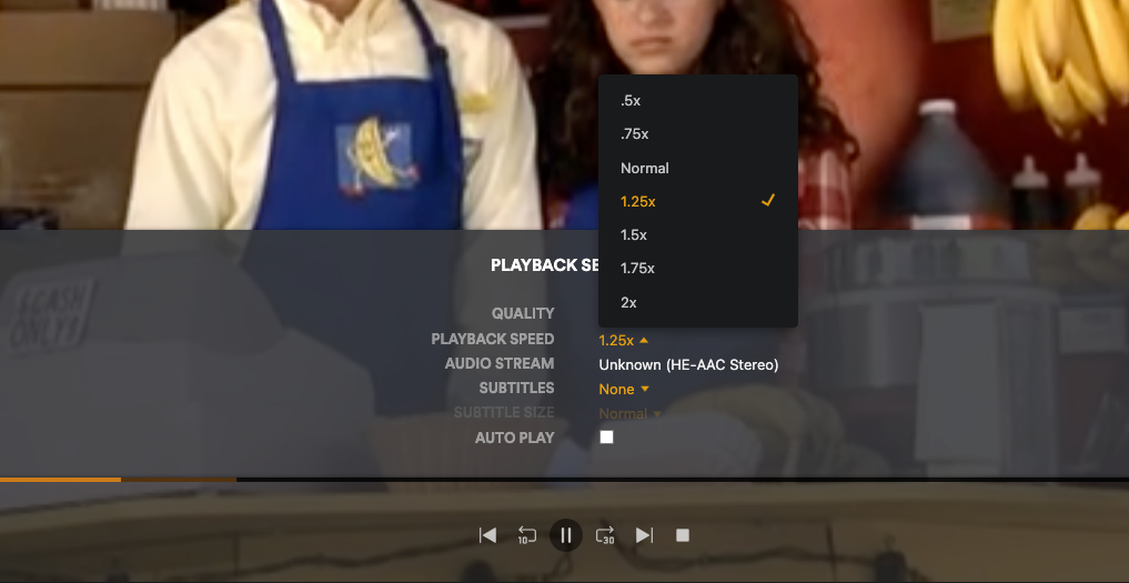 Video playback settings menu overlaying a paused cooking show scene.