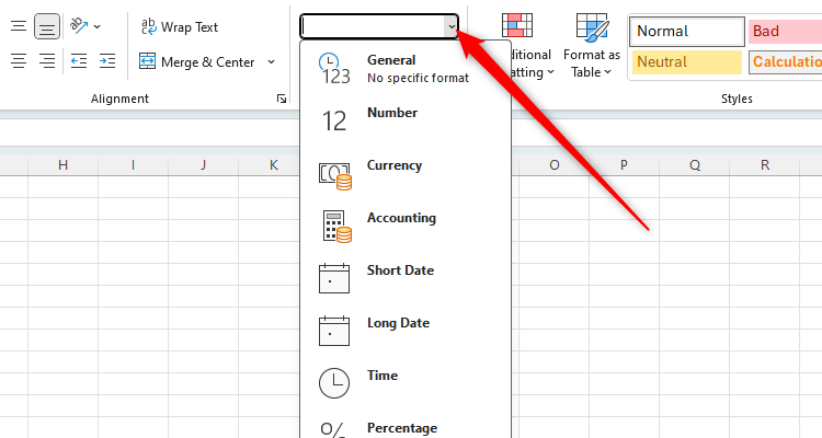 An Excel worksheet with the Data Type box highlighted and the drop-down opened, showing the data type options.