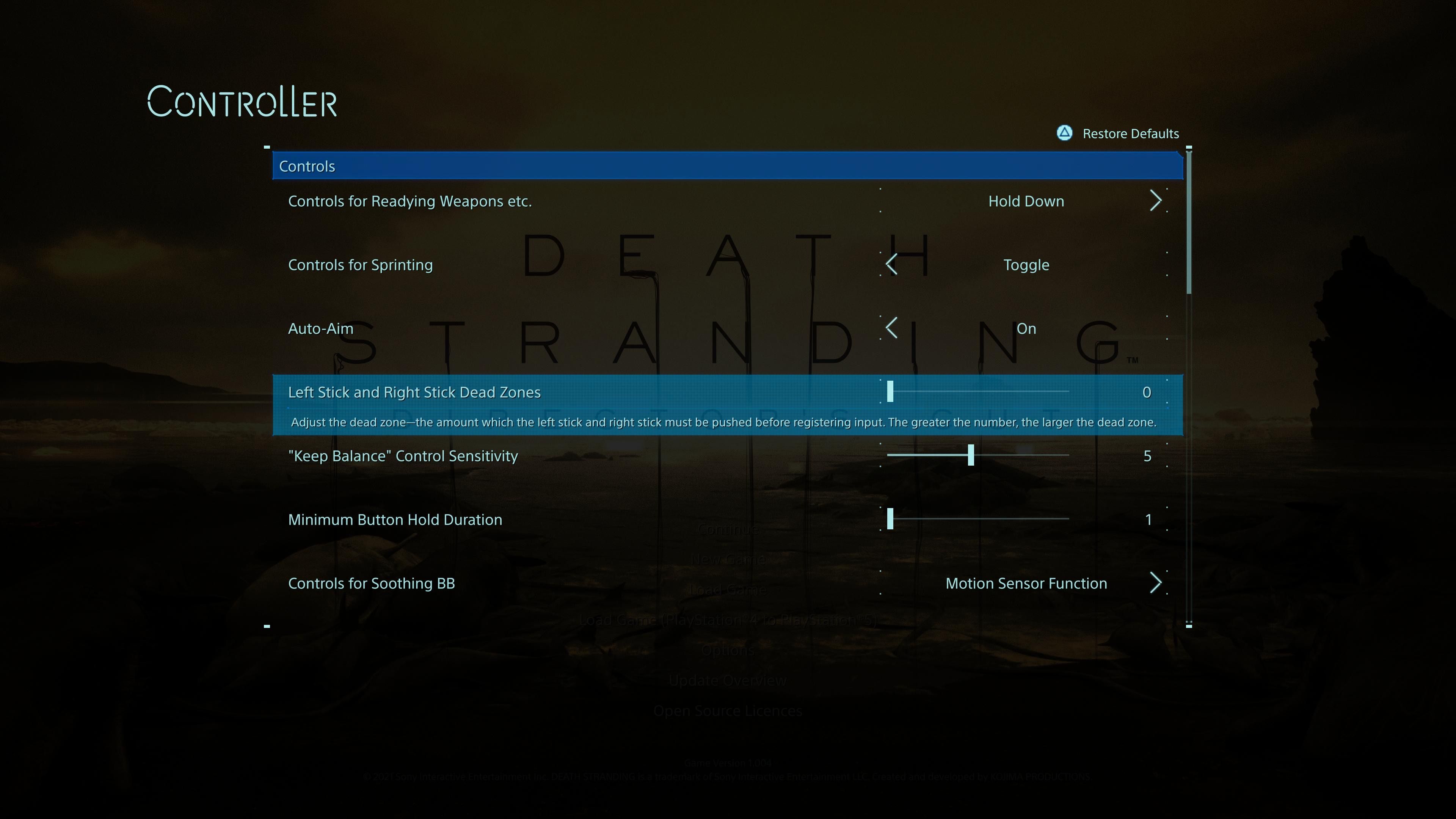 Ρυθμίσεις νεκρής ζώνης ελεγκτή DualSense στο Death Stranding: Director's Cut.