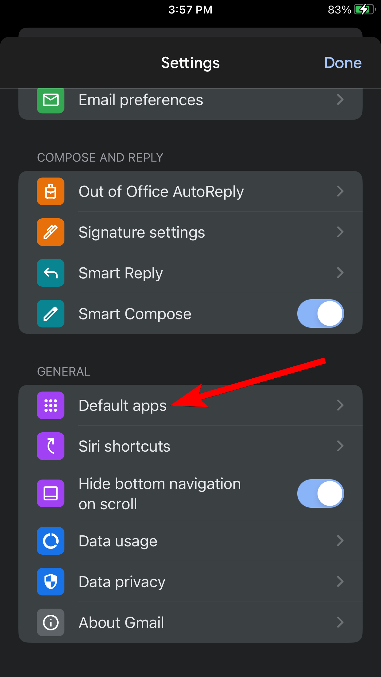 The "Default App" option in Gmail's settings on iPhone.