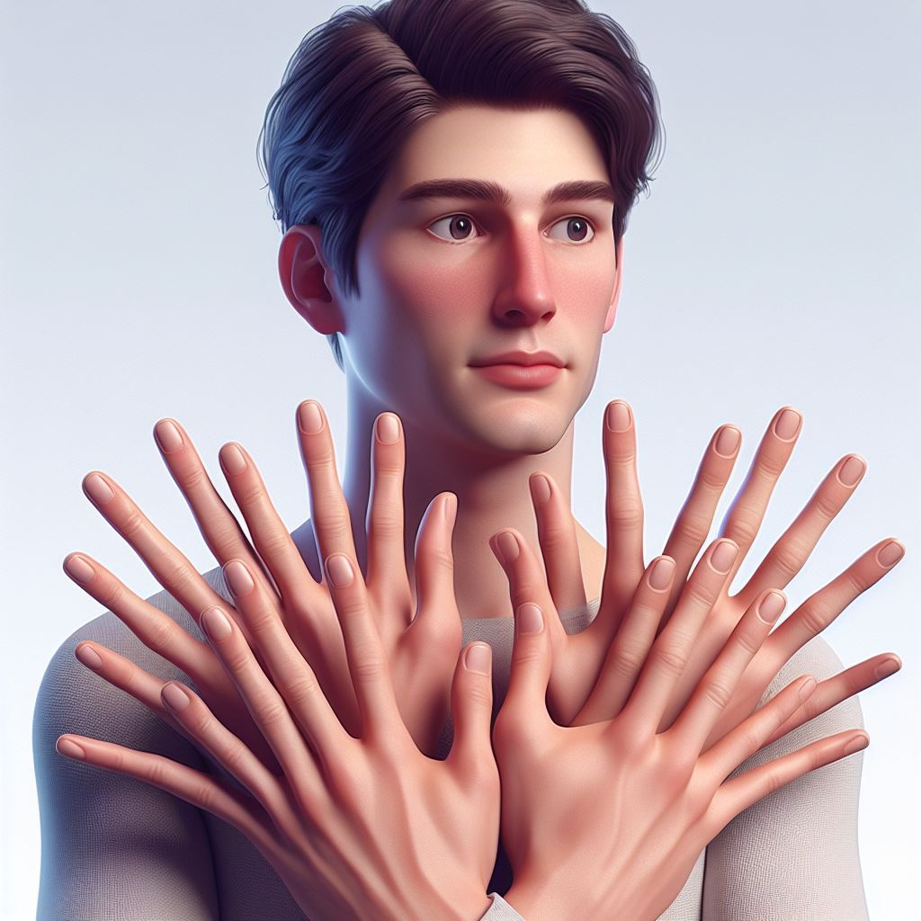 An image created by DALL-E of a man with way too many fingers.