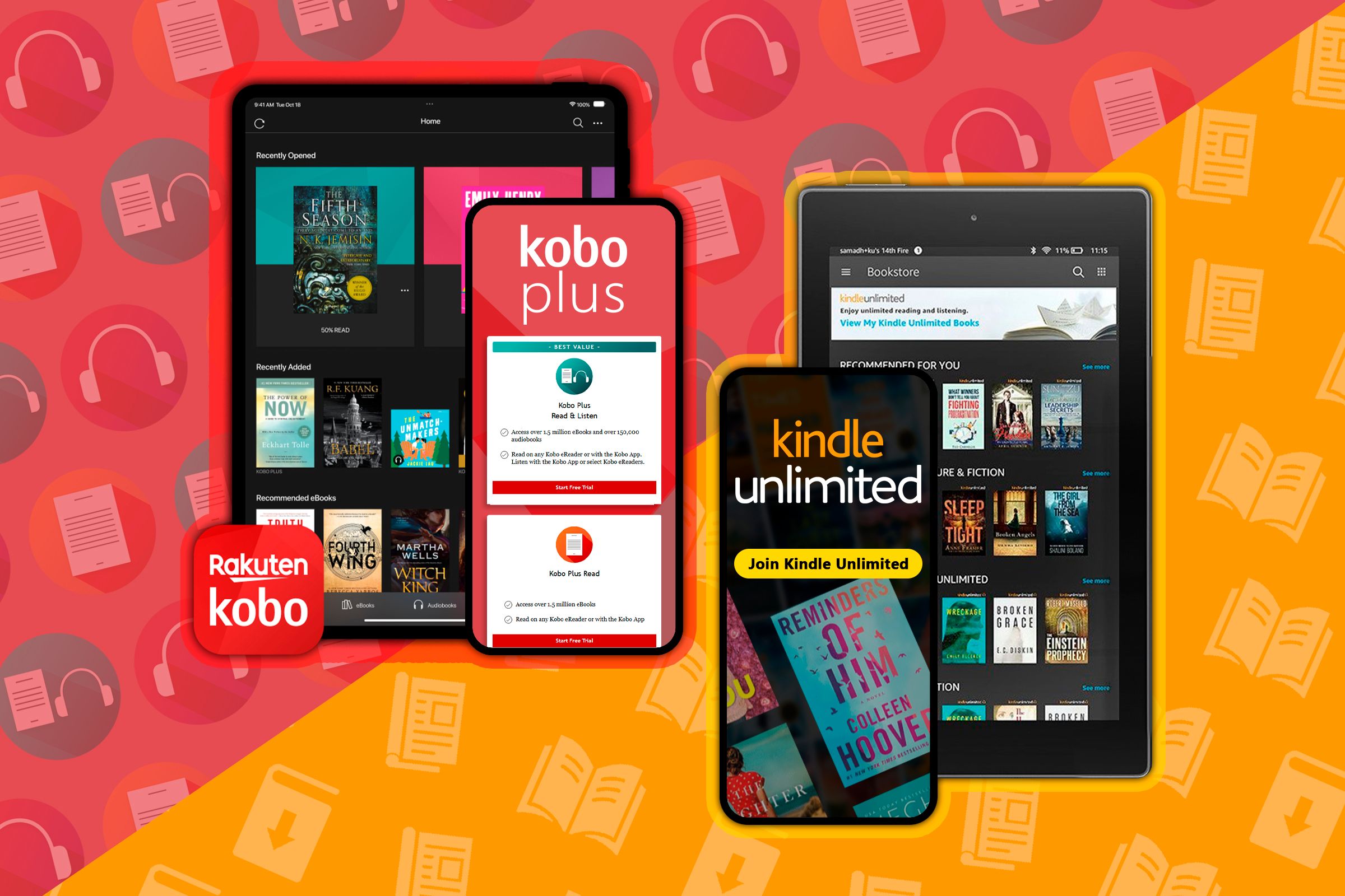 Devices showing some e-books from Kindle and Kobo subscription services, to the left of Kobo Plus and to the right of Kindle Unlimited.