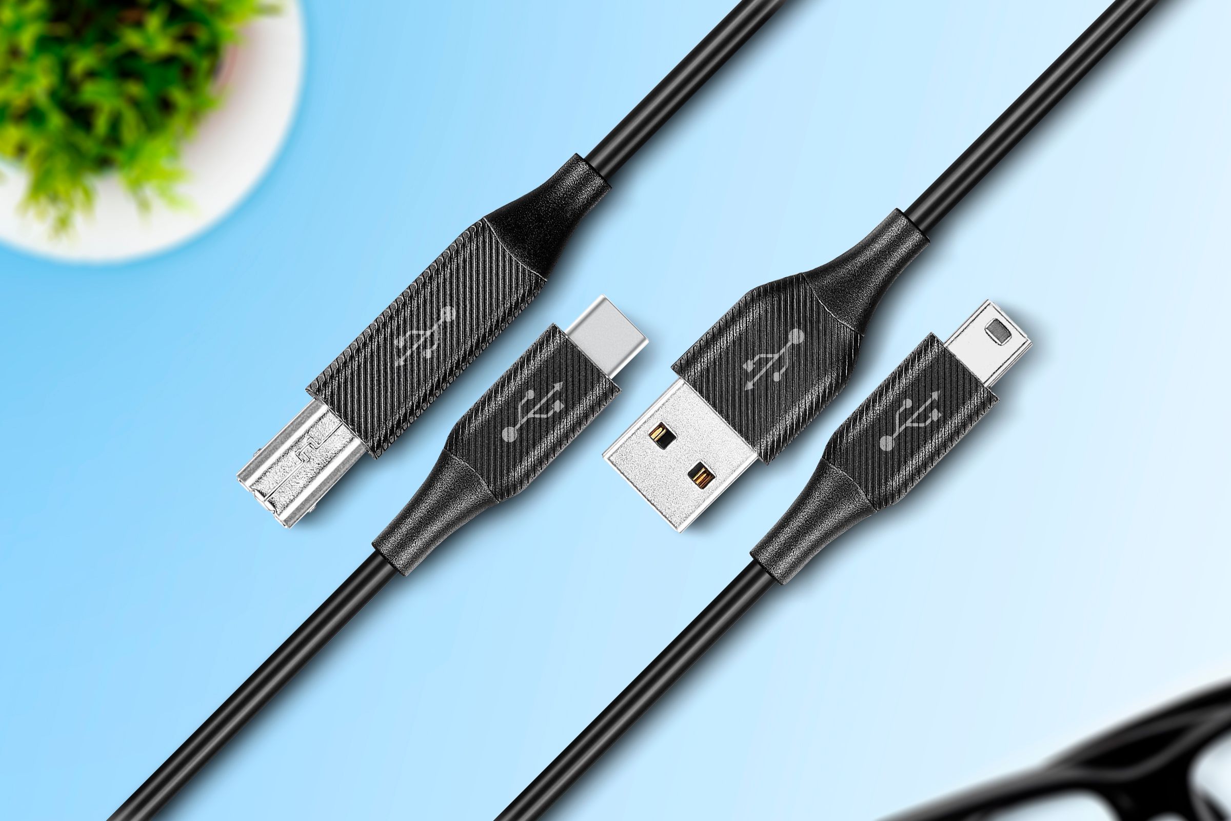 Different types of USB cable side by side.