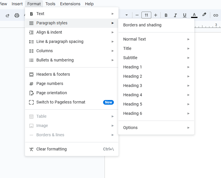 The Styles menu on Google Docs.