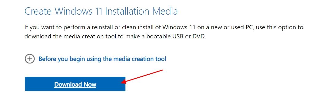 Download Now button for the Media Creation Tool.