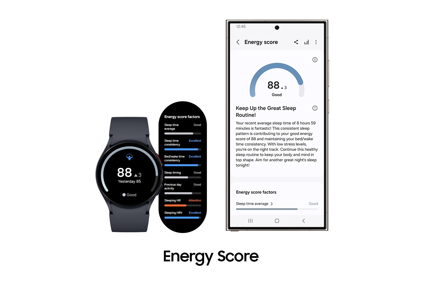 Energy Score screenshot on a Galaxy Watch and phone.