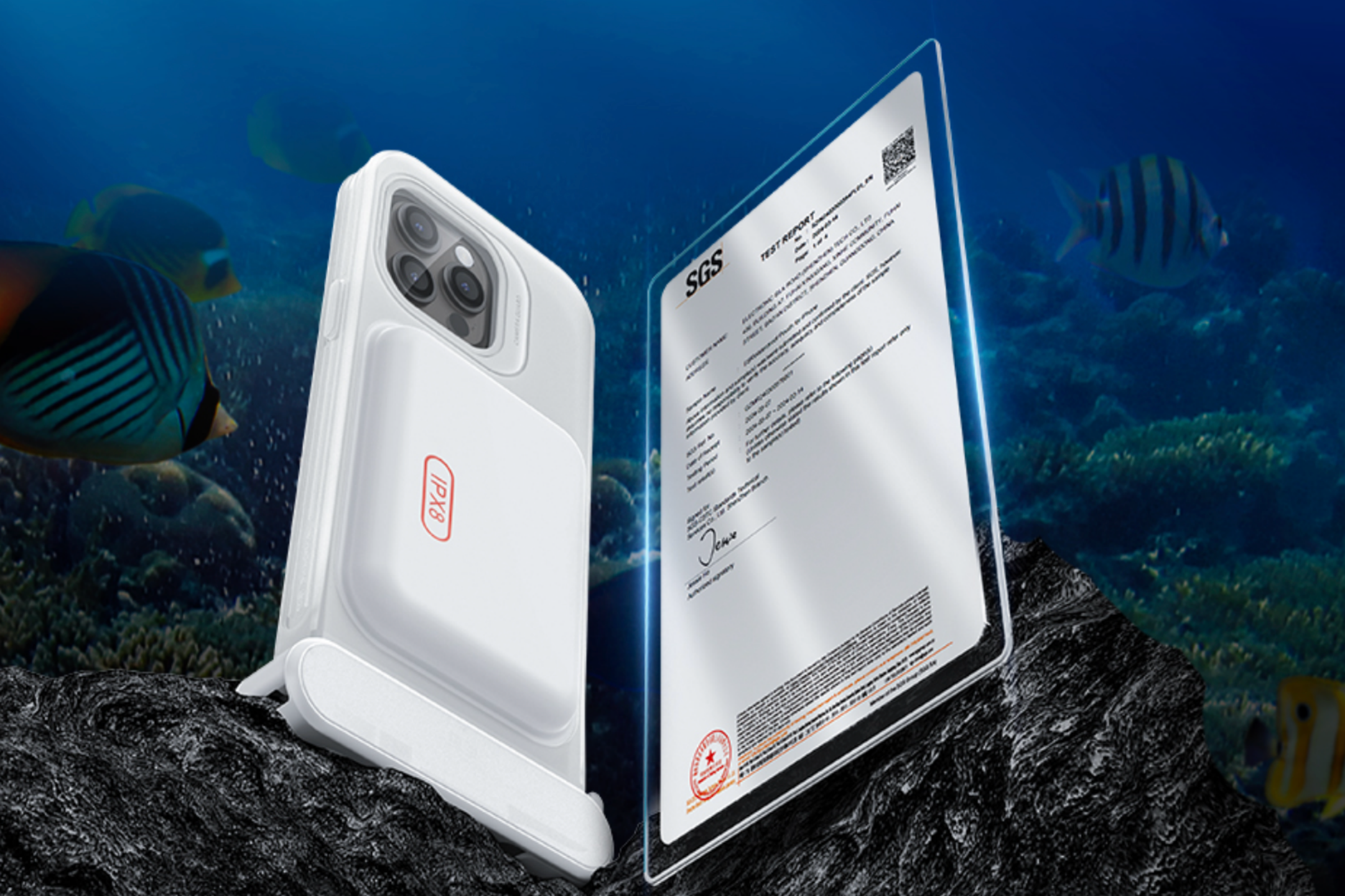 An ESR phone case safely underwater with iPhone and certification.
