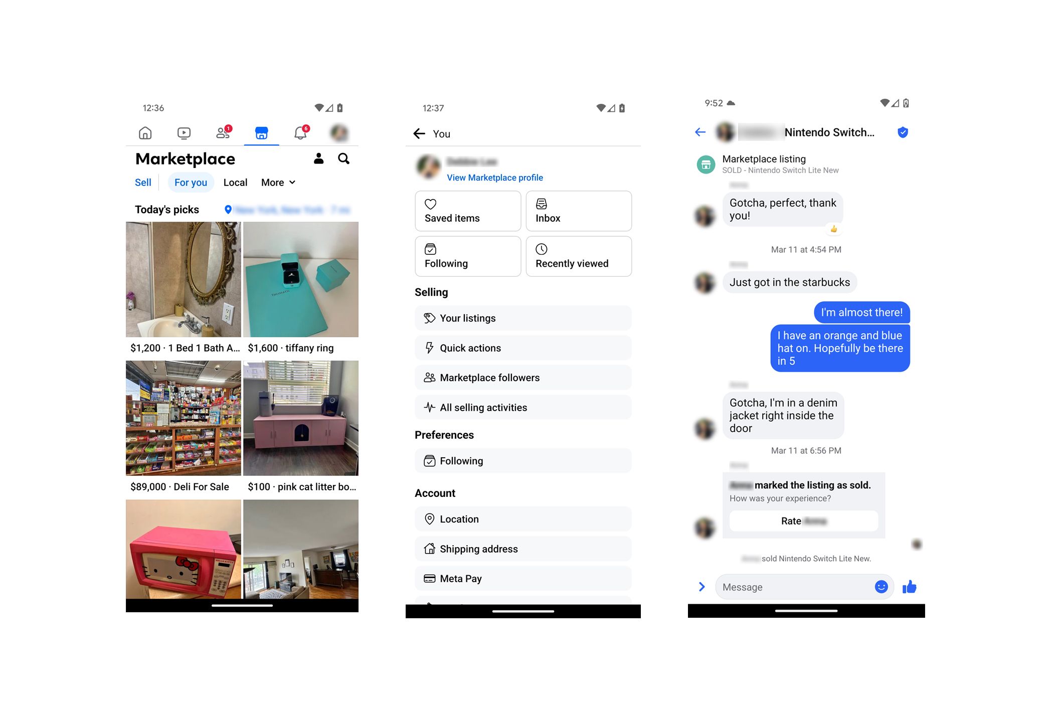 Screenshots of the Facebook Marketplace in the mobile app