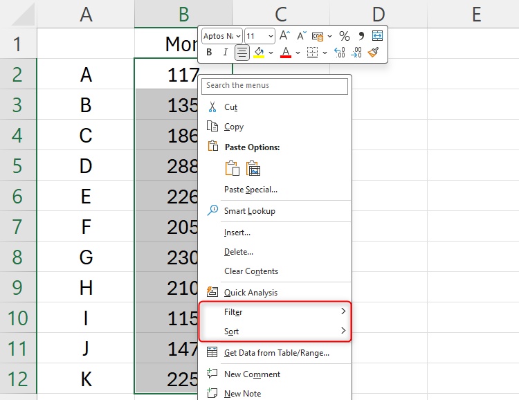 An Excel spreadsheet with data selected, and the Filter and Sort options displayed by right-clicking the selected data.