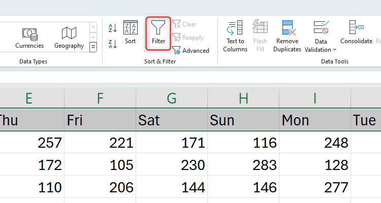 The Filter option in Excel is highlighted.
