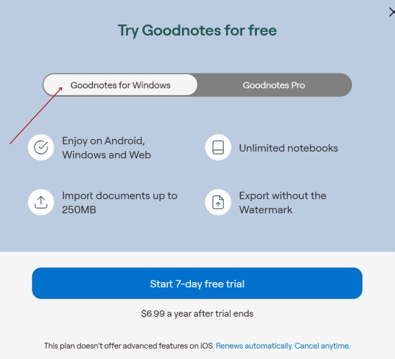 The 'Goodnotes for Windows' option highlighted. 