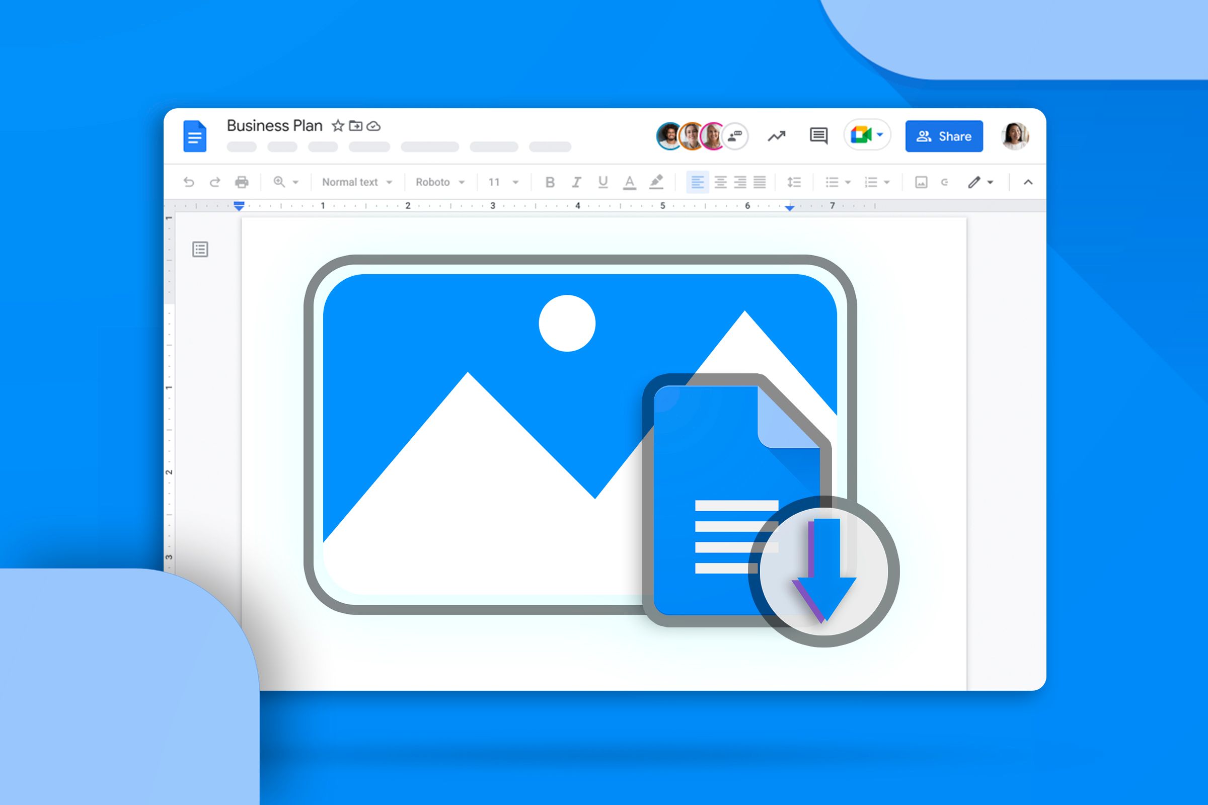 Google Docs window with an image download icon.