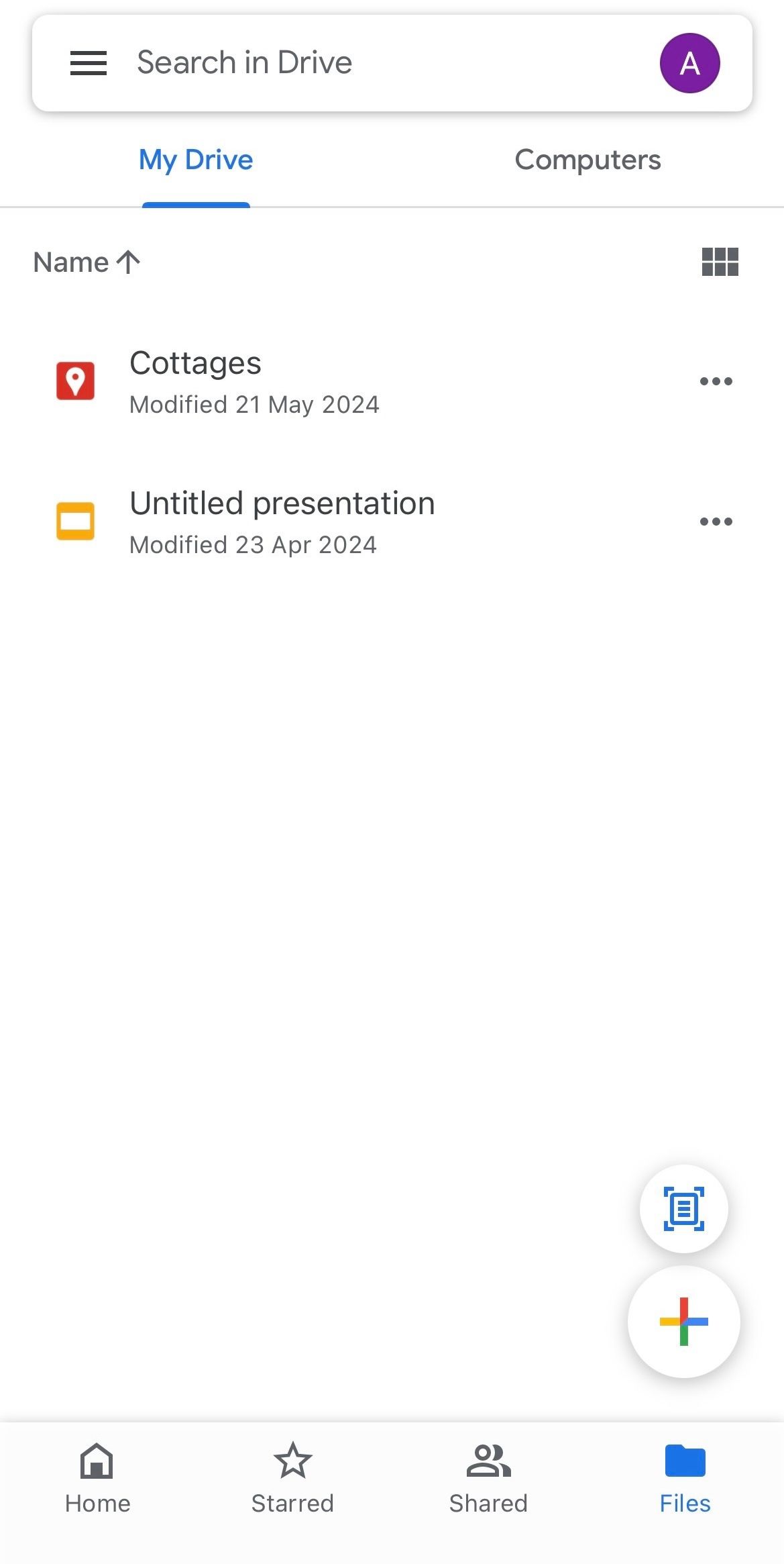 The Google Drive mobile app on the Files page.