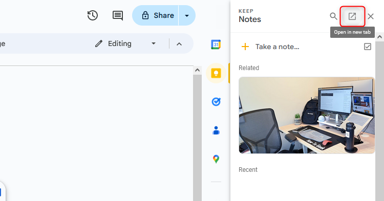 Google Keep sidebar in Docs with 'Open in new tab' highlighted.