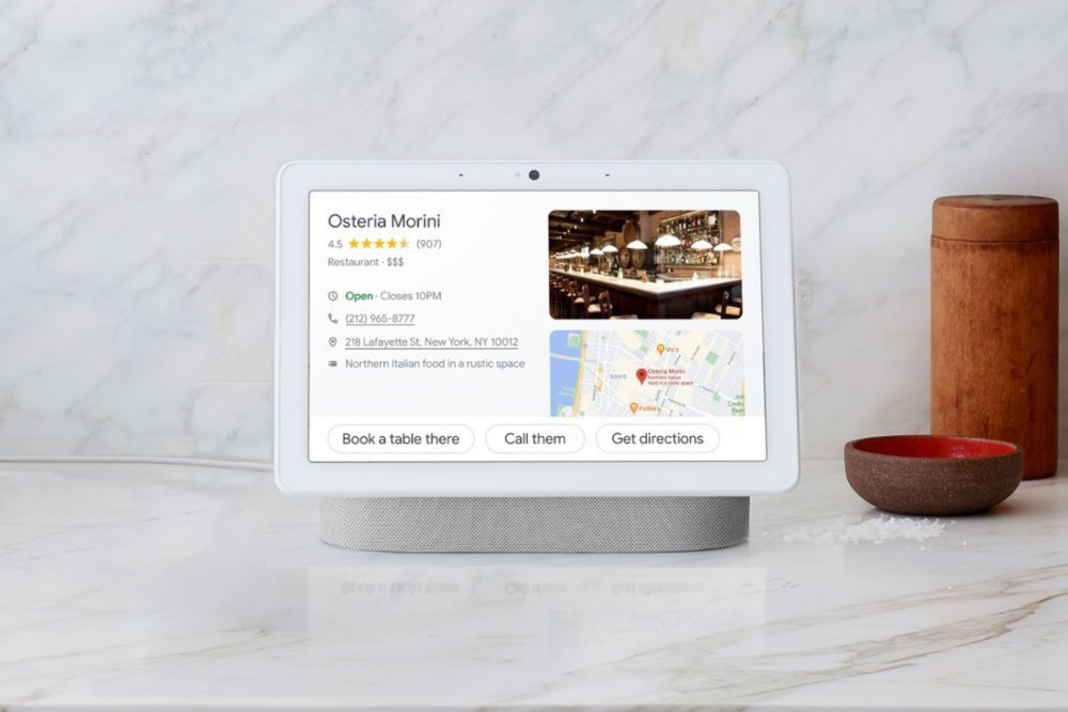 Google Nest Max displaying restaurant information.