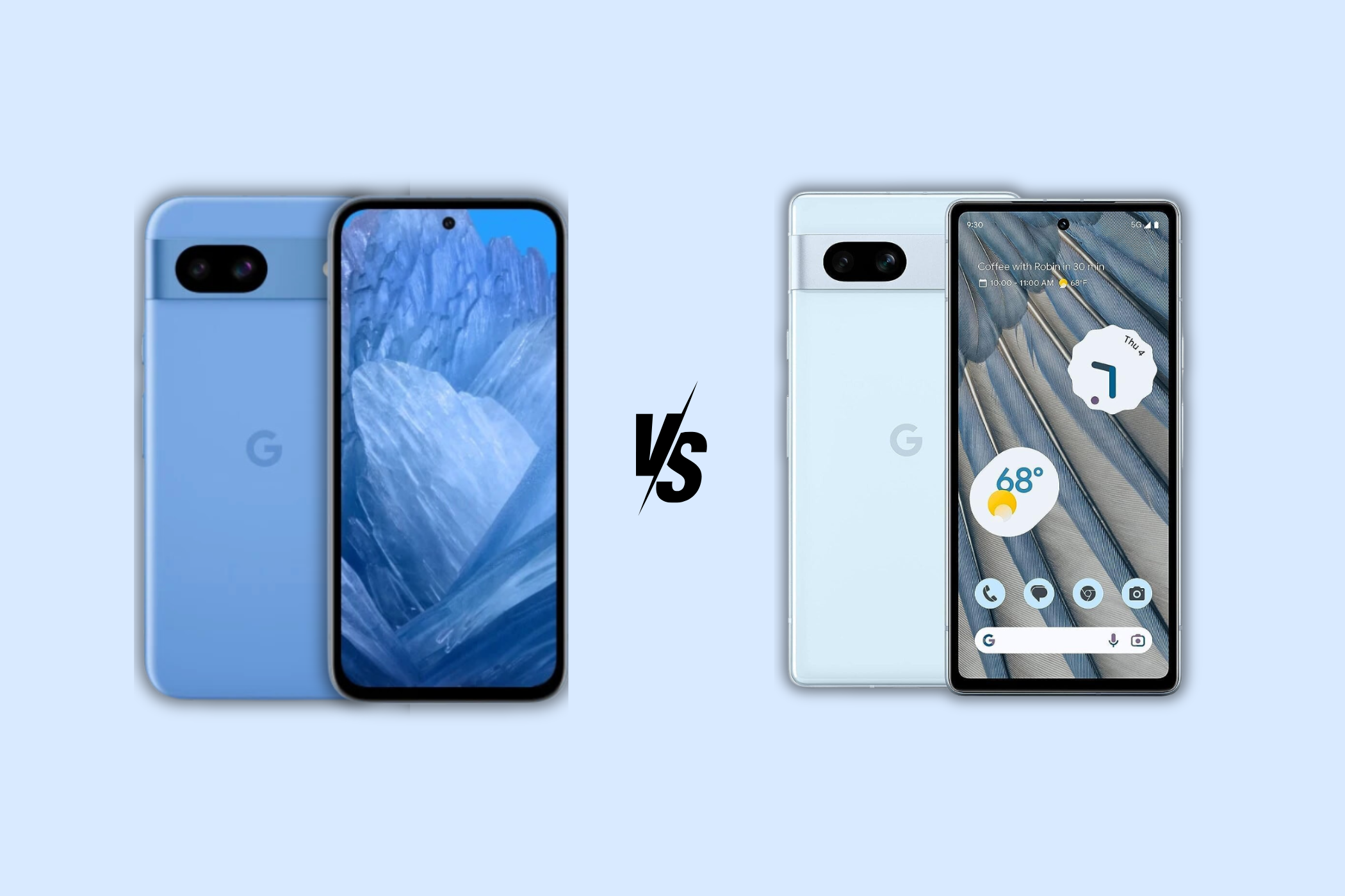 Image of the Google Pixel 8a on the left with the Pixel 7a on the right