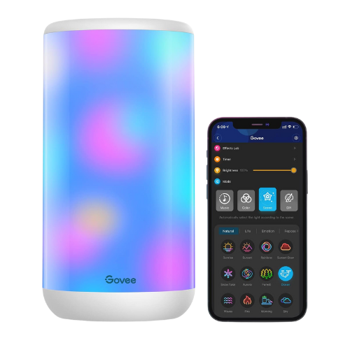 Govee Aura Lamp next to smart phone displaying Govee app.