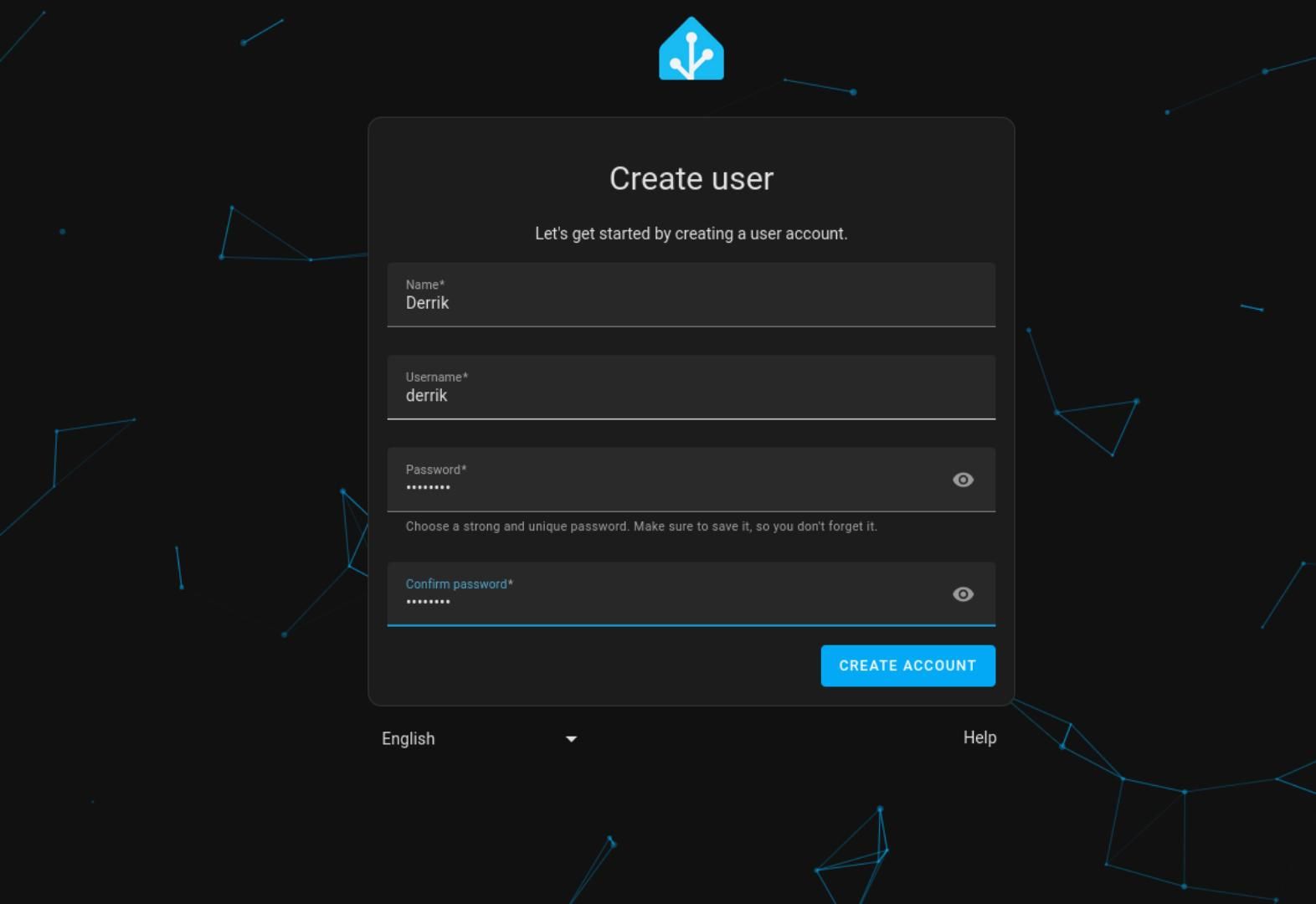 Creating a user with in Home Assistant on a Raspberry Pi.